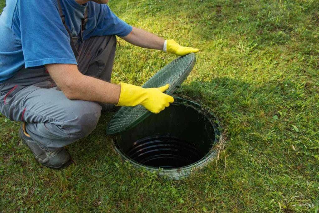 Personne inspectant une trappe de fosse septique sur pelouse.